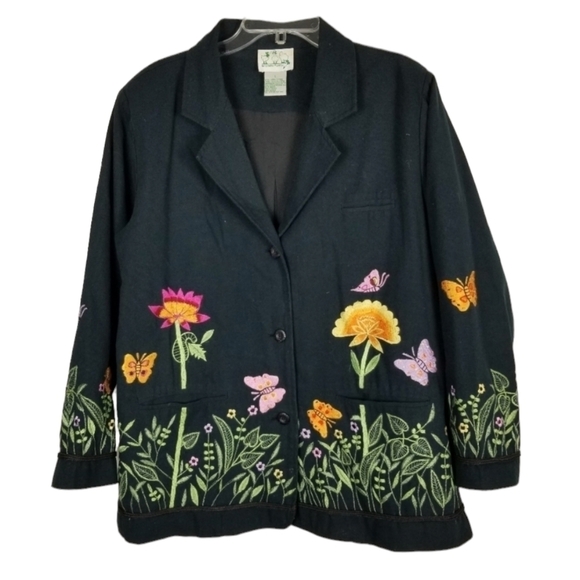 Quacker Factory Black Blazer Embroidery Flowers Butterflies Button Boho Sz Large - Picture 1 of 10